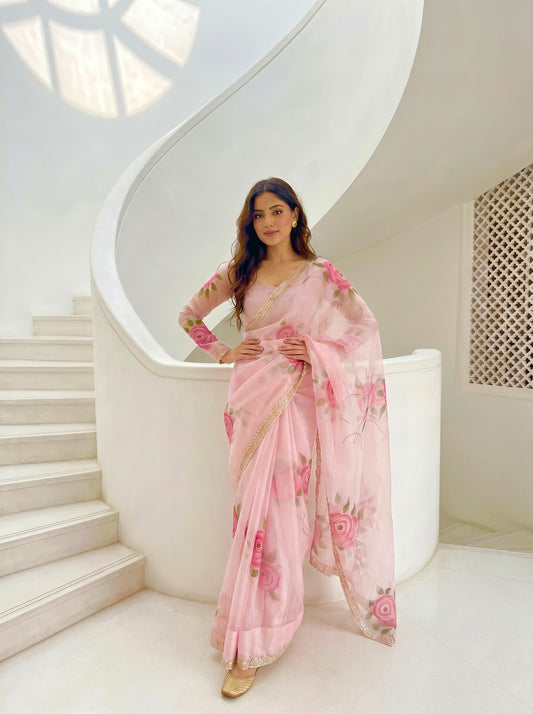 LIGHT PINK HANDPAINTED ORGANZA SAREE