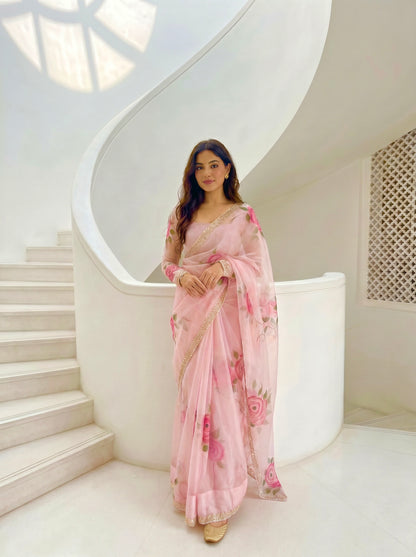 LIGHT PINK HANDPAINTED ORGANZA SAREE