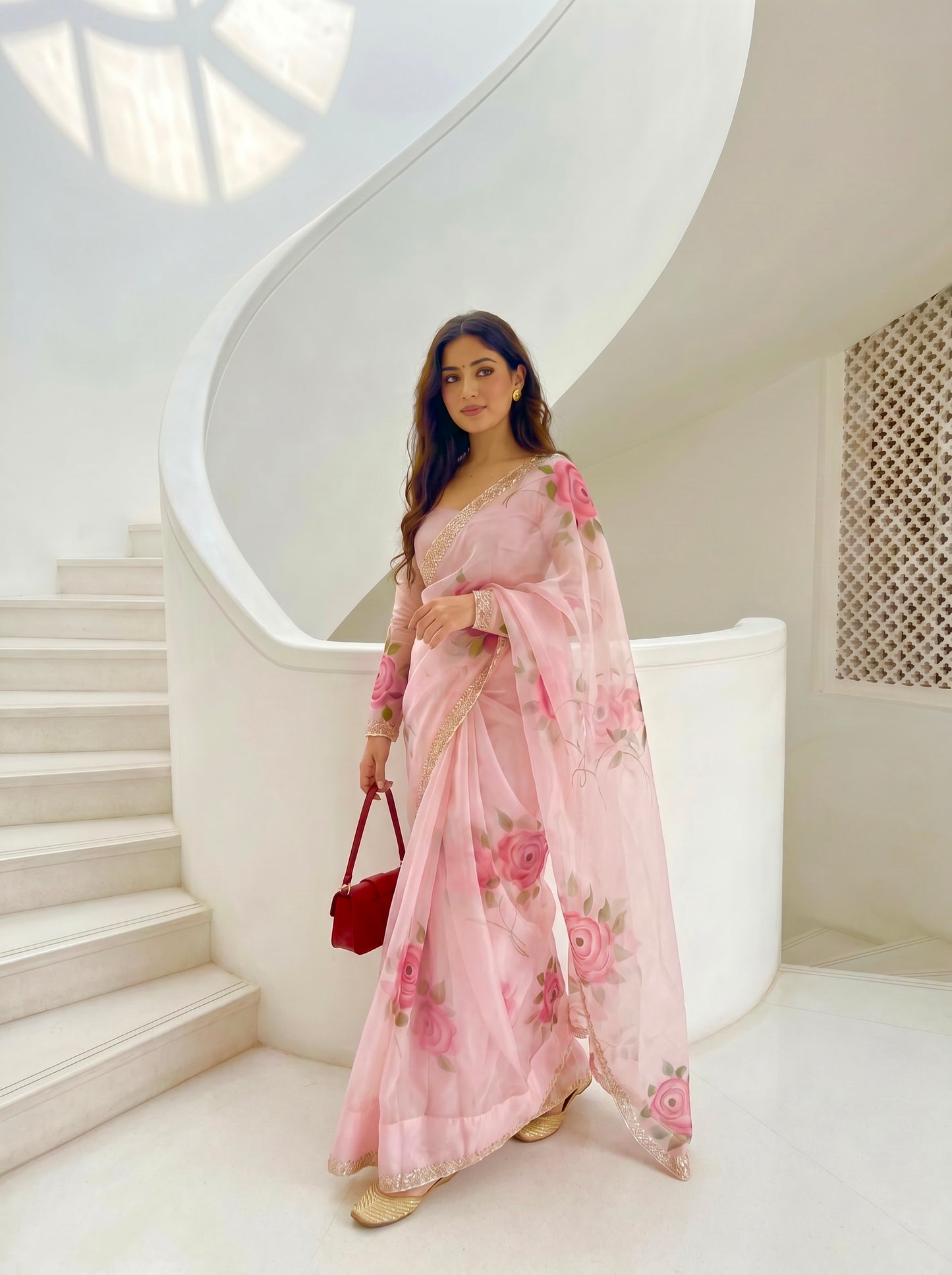 LIGHT PINK HANDPAINTED ORGANZA SAREE