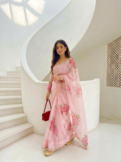 LIGHT PINK HANDPAINTED ORGANZA SAREE