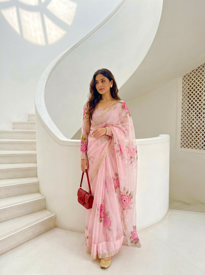 LIGHT PINK HANDPAINTED ORGANZA SAREE