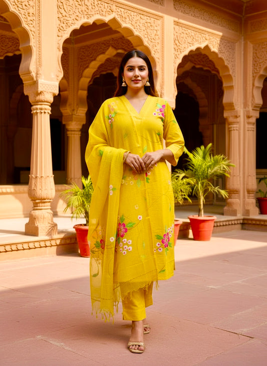 Yellow Handbrush Painted Cotton Kurta , Kota Doria Hand Painted Dupatta & Cotton pants