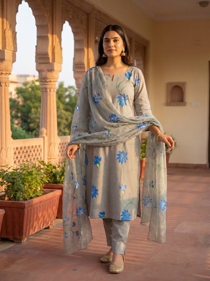 GRAY BLUE HANDBRUSH PAINTED COTTON KURTA , CHIFFON HAND PAINTED DUPATTA & COTTON PANTS