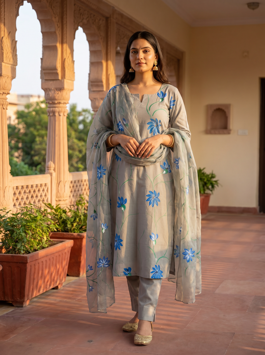 GRAY BLUE HANDBRUSH PAINTED COTTON KURTA , CHIFFON HAND PAINTED DUPATTA & COTTON PANTS