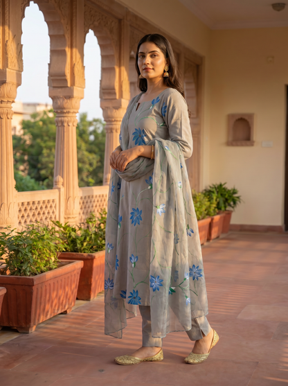 GRAY BLUE HANDBRUSH PAINTED COTTON KURTA , CHIFFON HAND PAINTED DUPATTA & COTTON PANTS