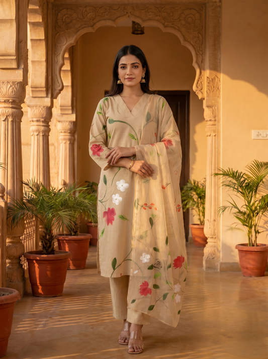 Desert Bloom Soft Beige Hand Brush Painted Cotton Kurta, Pant & Hand Painted Chiffon Dupatta