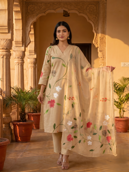 Desert Bloom Soft Beige Hand Brush Painted Cotton Kurta, Pant & Hand Painted Chiffon Dupatta