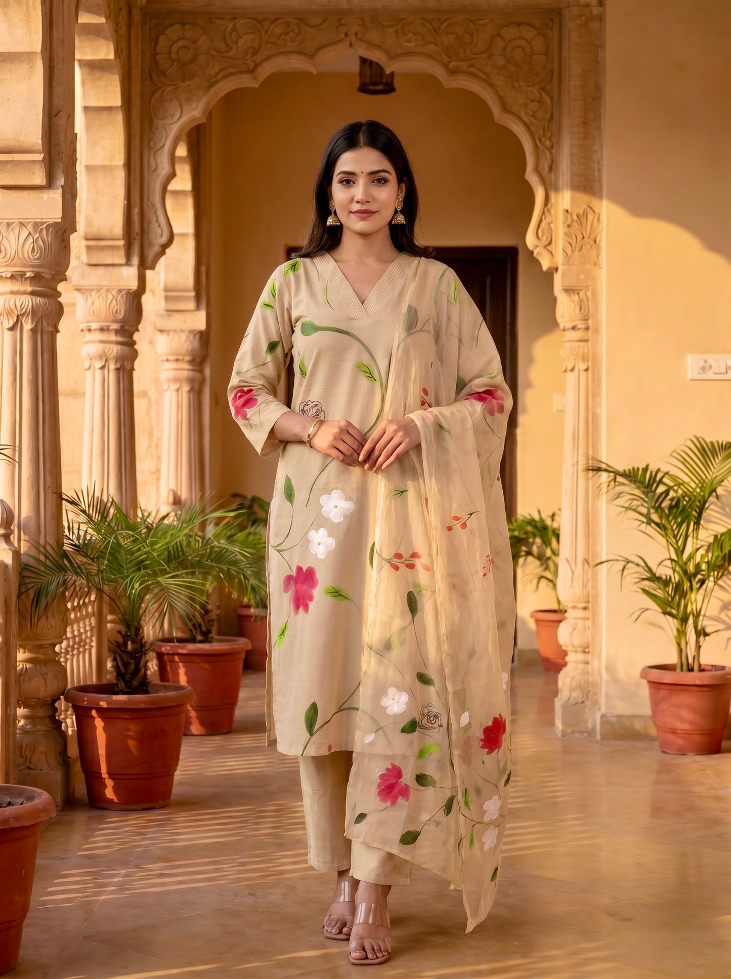 Desert Bloom Soft Beige Hand Brush Painted Cotton Kurta, Pant & Hand Painted Chiffon Dupatta