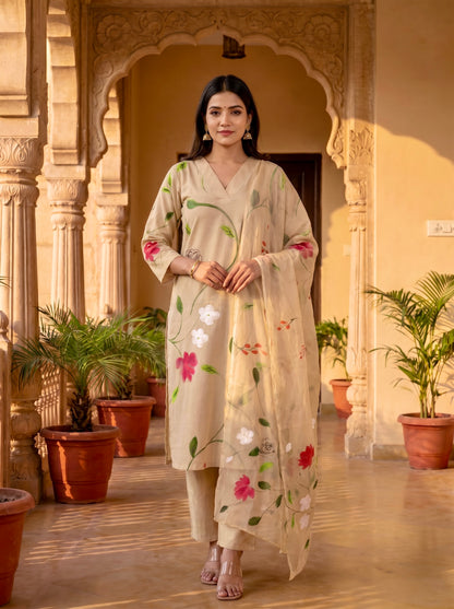 Desert Bloom Soft Beige Hand Brush Painted Cotton Kurta, Pant & Hand Painted Chiffon Dupatta