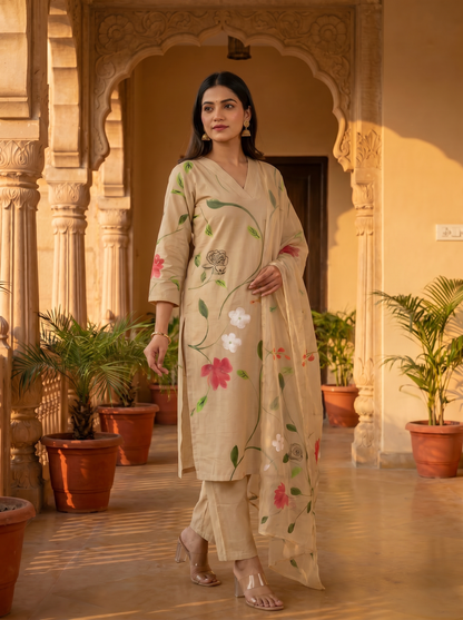 Desert Bloom Soft Beige Hand Brush Painted Cotton Kurta, Pant & Hand Painted Chiffon Dupatta