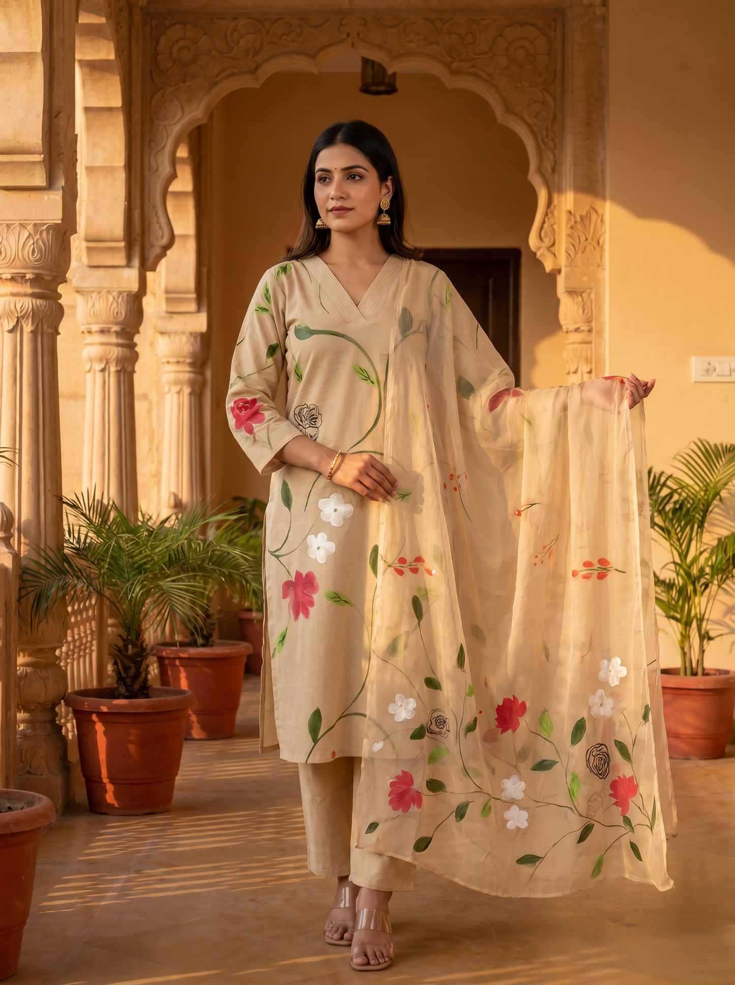 Desert Bloom Soft Beige Hand Brush Painted Cotton Kurta, Pant & Hand Painted Chiffon Dupatta