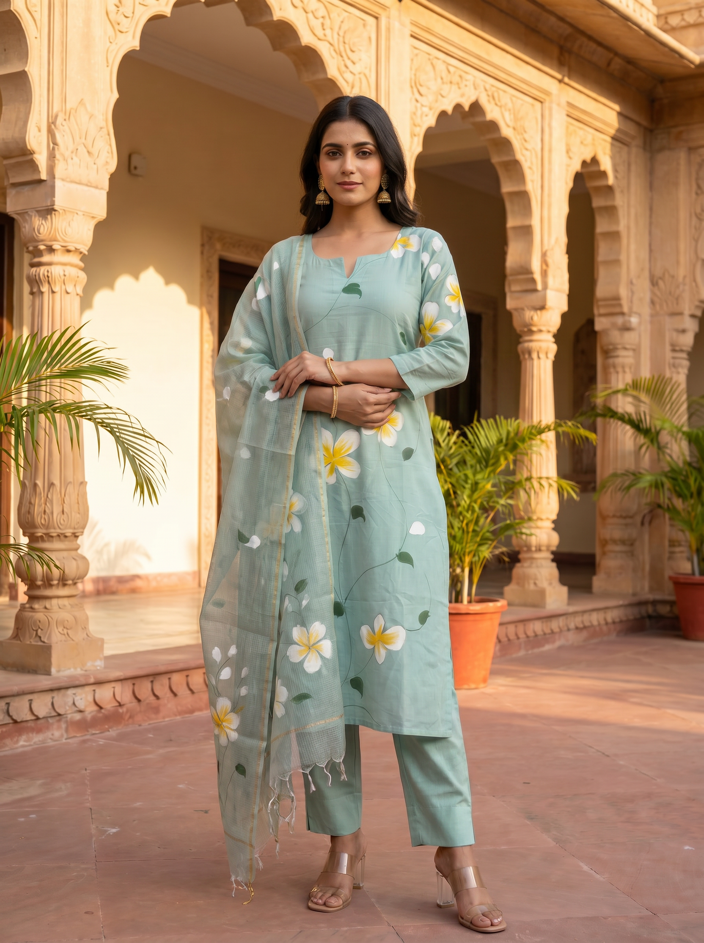 Sea Blue Hand Brush Painted Cotton Kurta, Pant & Hand Painted Chiffon Dupatta