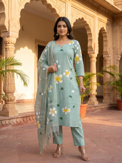 Sea Blue Hand Brush Painted Cotton Kurta, Pant & Hand Painted Chiffon Dupatta