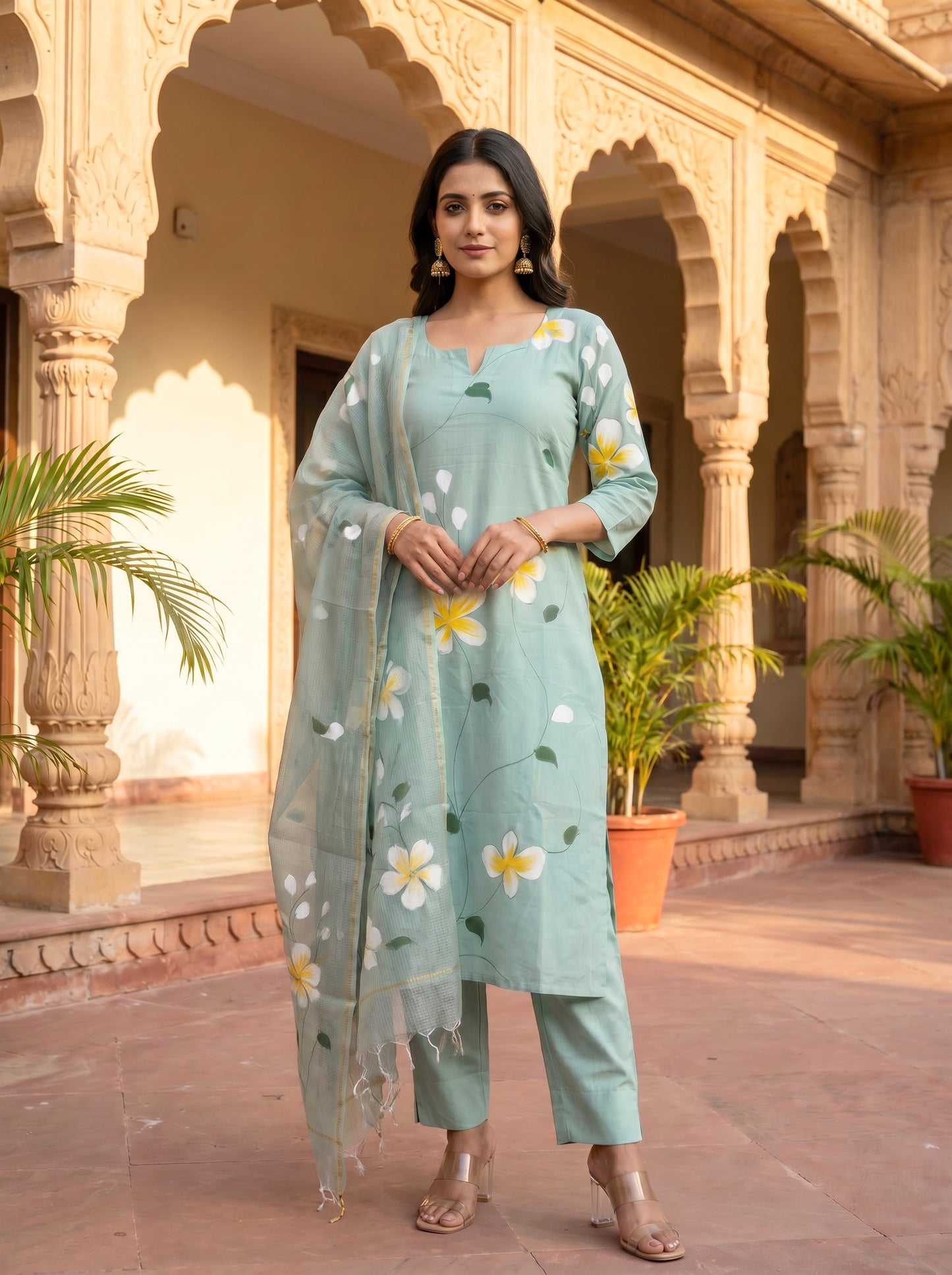 Sea Blue Hand Brush Painted Cotton Kurta, Pant & Hand Painted Chiffon Dupatta