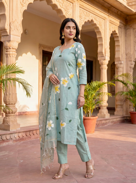 Sea Blue Hand Brush Painted Cotton Kurta, Pant & Hand Painted Chiffon Dupatta