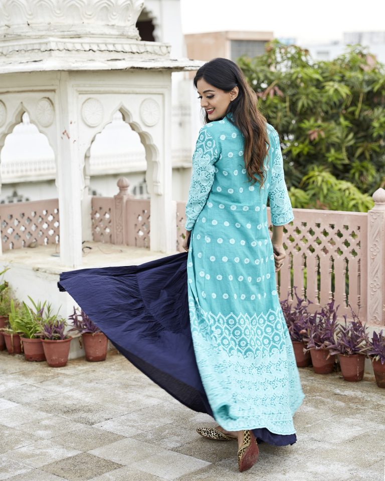 Turquoise Blue Jacket With Layered Skirt & Blouse