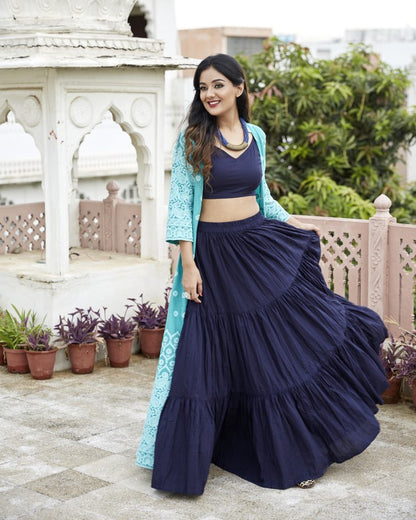 Turquoise Blue Jacket With Layered Skirt & Blouse