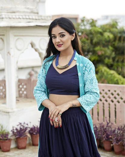 Turquoise Blue Jacket With Layered Skirt & Blouse