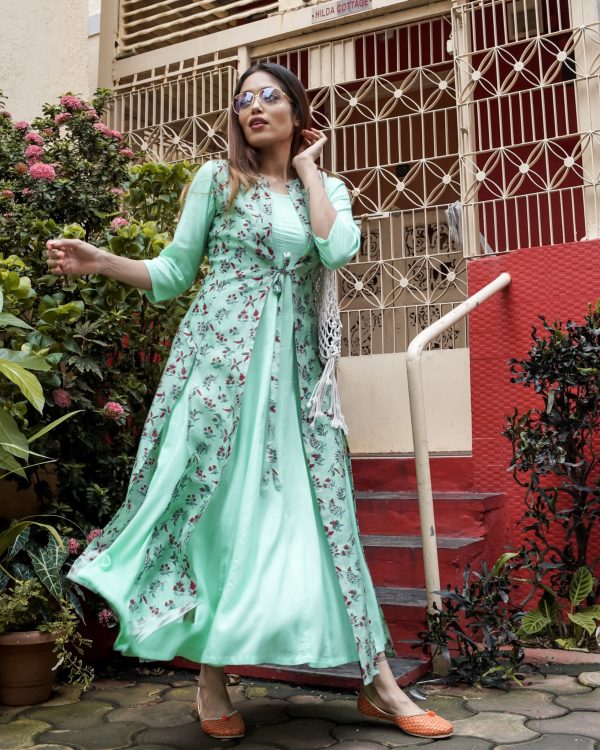 Turquoise Green Waist in Chanderi Handblock Floral Printed
