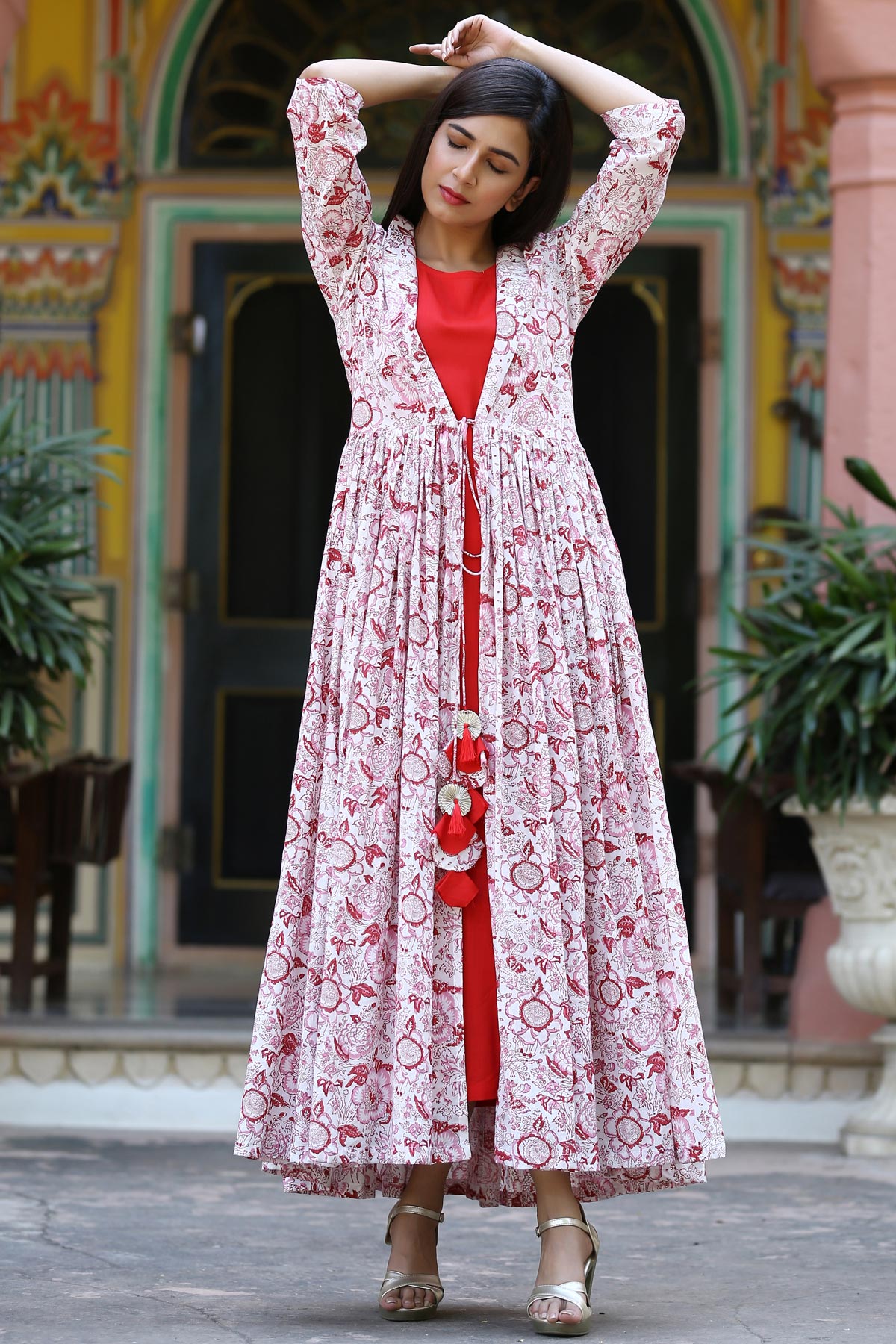 Red Inner With Handblock Printed Cape