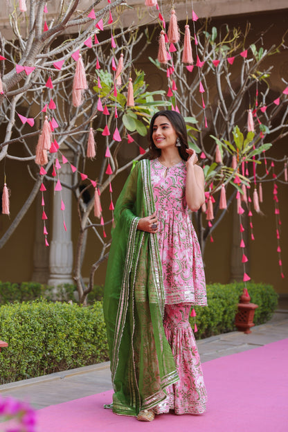 Rose Pink Handblock Gota Sharara Set