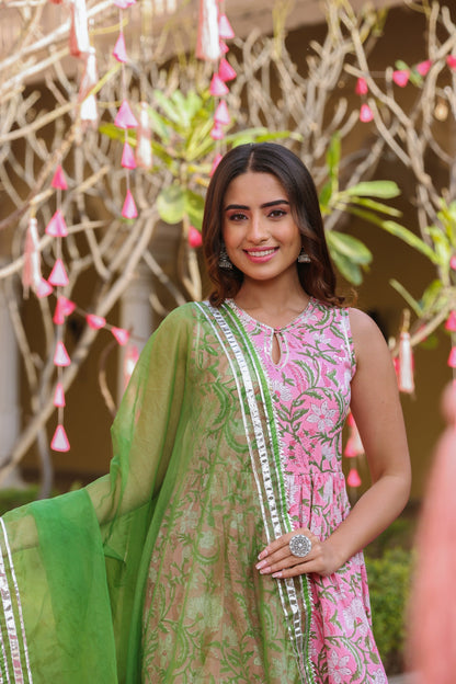 Rose Pink Handblock Gota Sharara Set