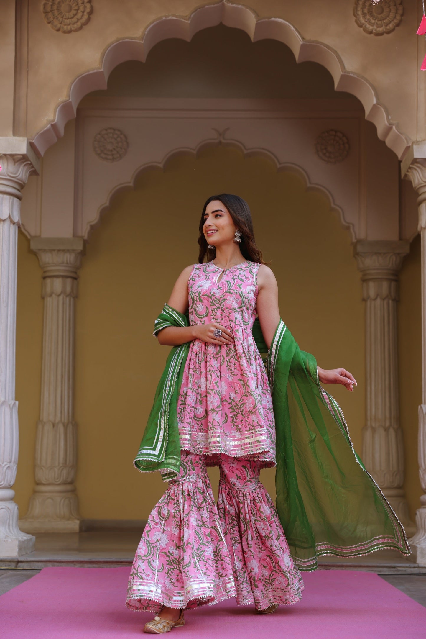 Rose Pink Handblock Gota Sharara Set