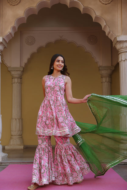 Rose Pink Handblock Gota Sharara Set