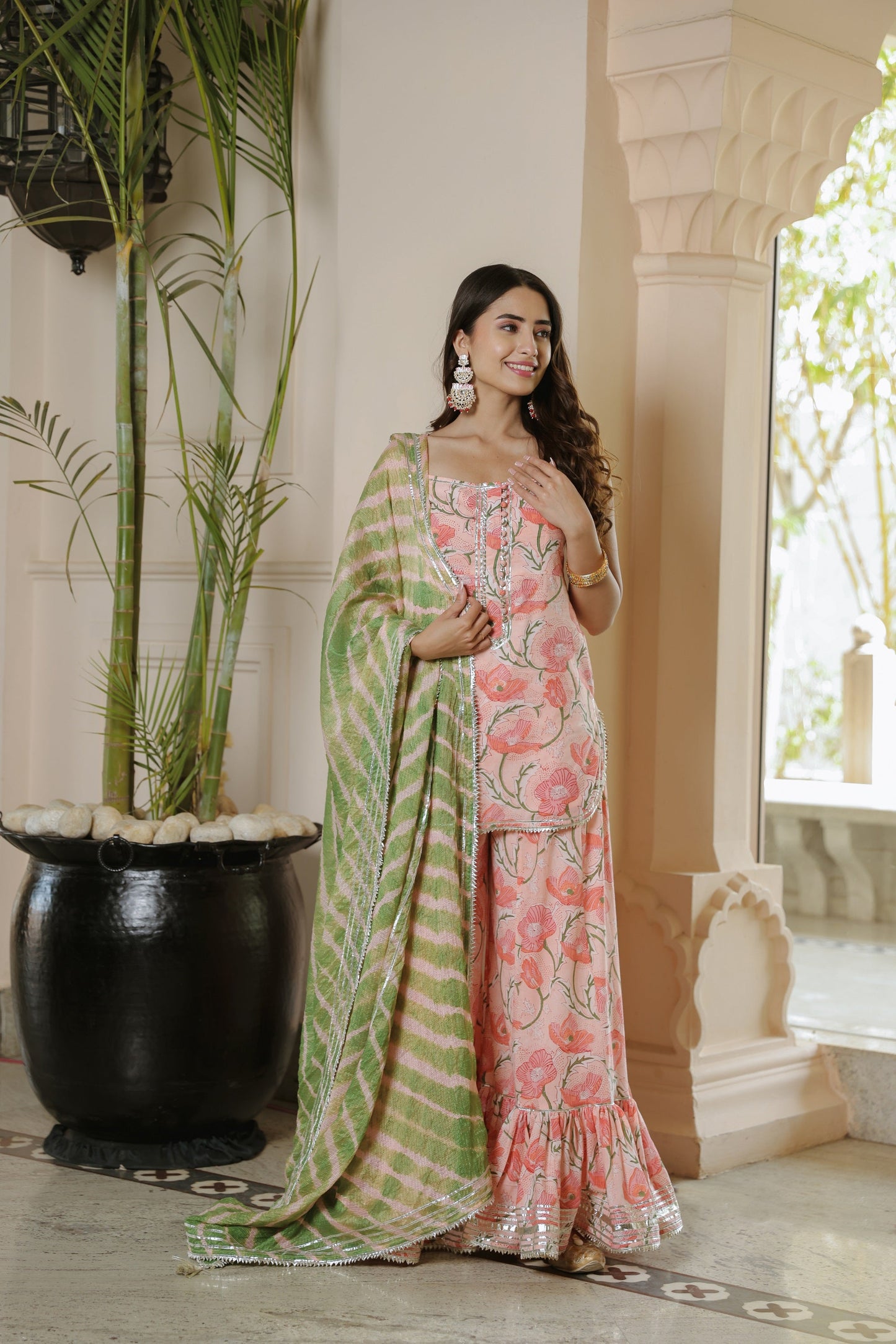 Ballet Peach Leheriya Sharara Set