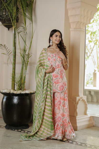 Ballet Peach Leheriya Sharara Set