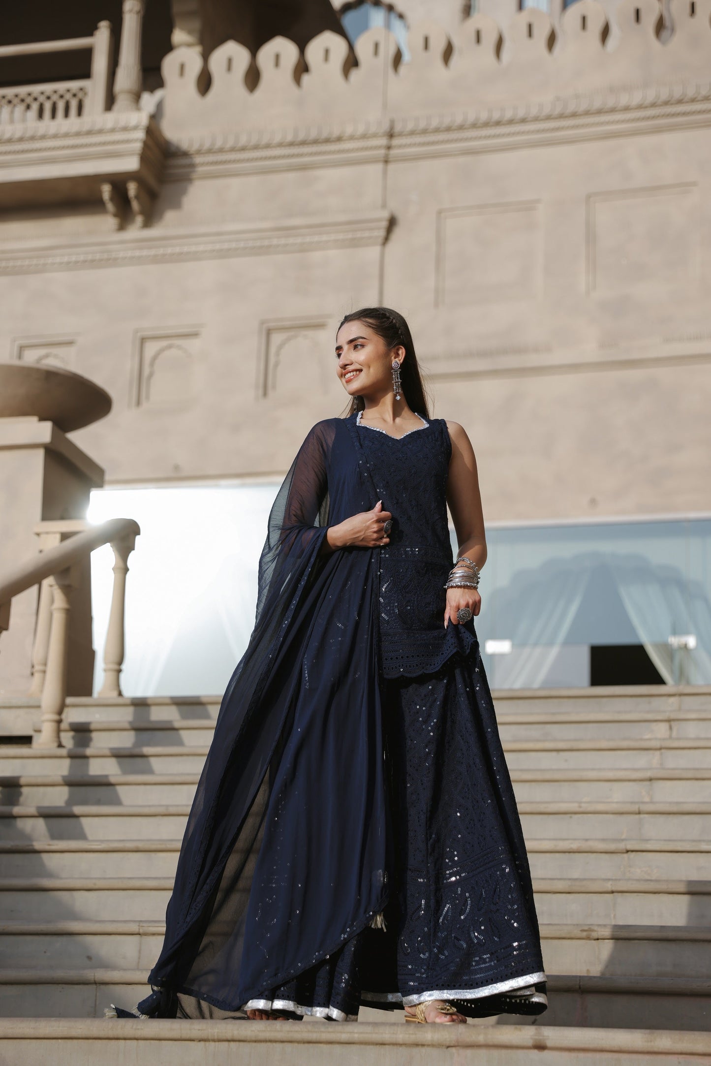 Space Blue Embroidered Sharara Set