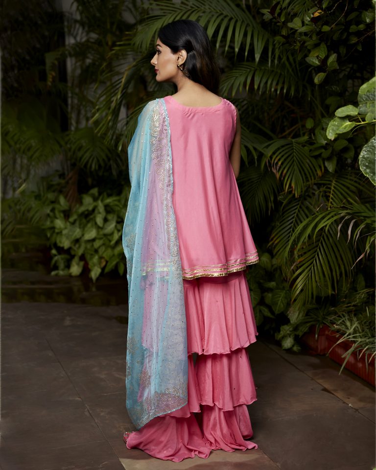 Pink Silk Kurta With Layered Garara